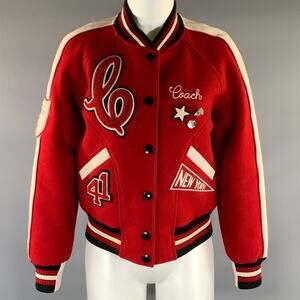 COACH Size S Red White Wool Nylon F20496 Patches Varsity Jacket